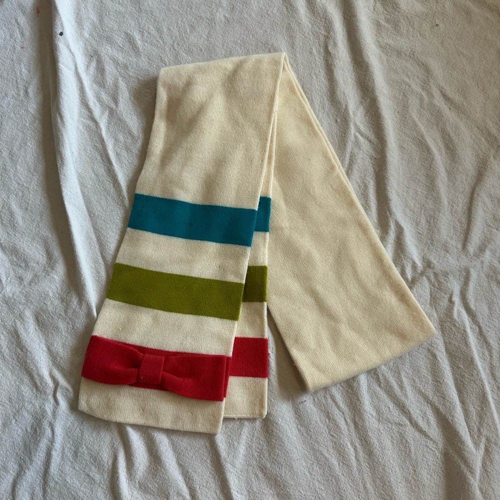 Kate Spade Cream Bow Scarf with Red, Green, and Blue Stripes
